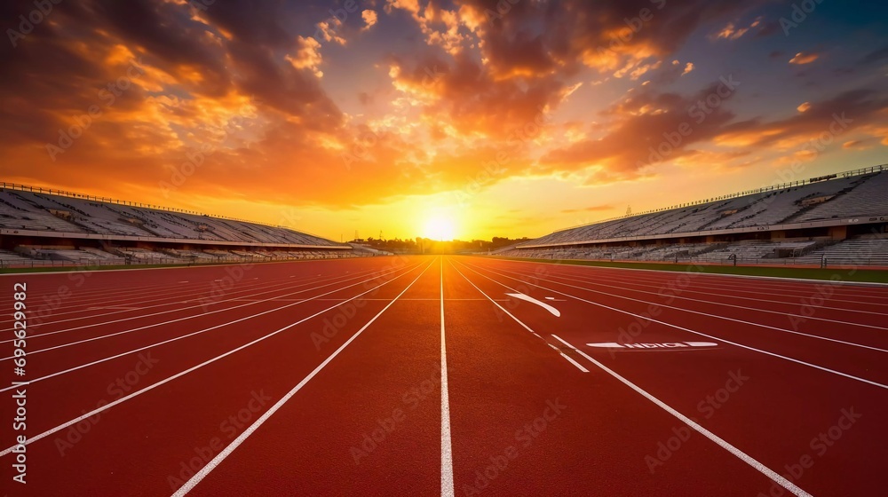 Running track at the international stadium, smooth surface ready for runners, photo taken parallel to the ground, with the background of the rising sun on a bright morning