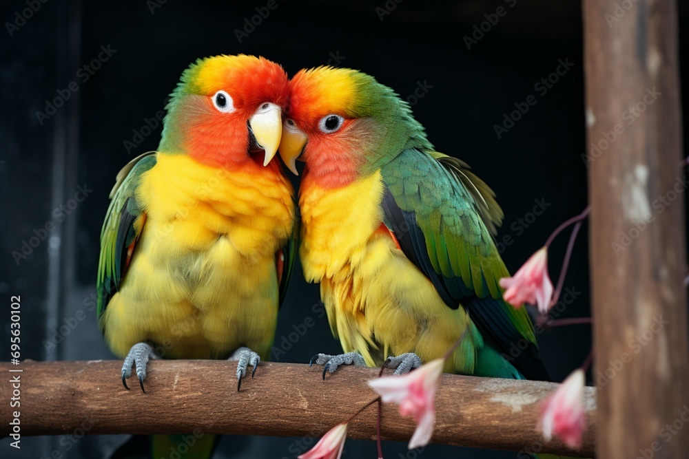 Colorful companions Closeup view highlights the beauty of love birds