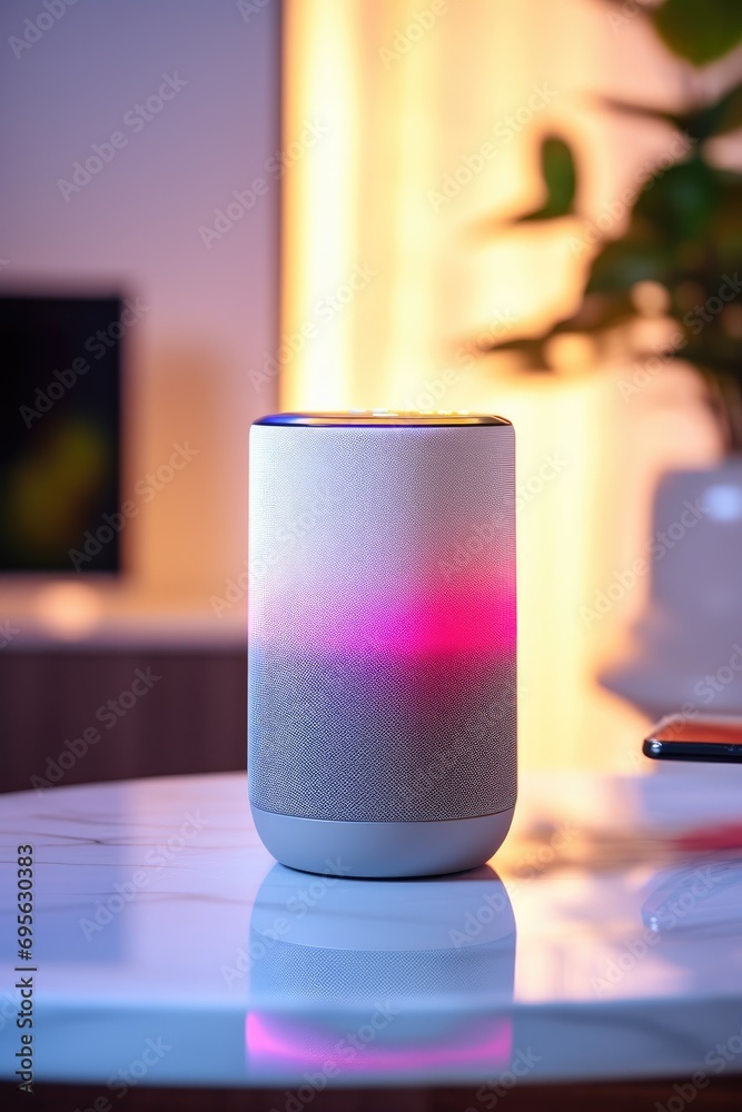 Smart speaker device in living room. Smart home. Colorful ambient lighting Smart speaker device in living room. Smart home. Colorful ambient lighting