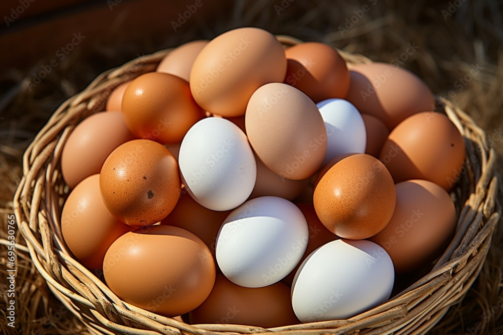 Abundant farmfresh eggs nestled in ecofriendly straw basket, healthy groceries Abundant farmfresh eggs nestled in ecofriendly straw basket, healthy groceries