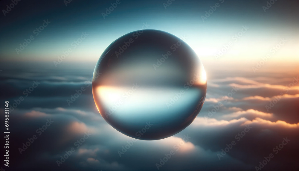 Amidst a serene sky, a matte glass orb floats, capturing the dance of light at sunset. The clouds, painted in soft strokes of gold and blue, cradle the sphere. As the sun dips, its amber glow and the Amidst a serene sky, a matte glass orb floats, capturing the dance of light at sunset. The clouds, painted in soft strokes of gold and blue, cradle the sphere. As the sun dips, its amber glow and the