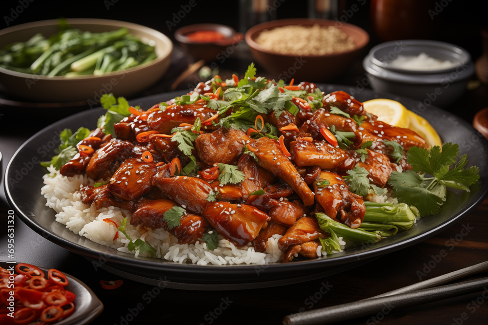 Honey glazed chicken in sweet and sour sauce served with rice