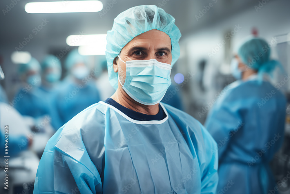 Portrait of surgeon standing in operating room with colleagues in the background Portrait of surgeon standing in operating room with colleagues in the background