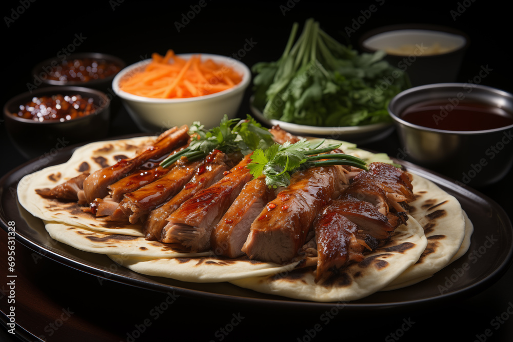 Grilled duck with sweet and sour sauce with flatbreads on a black plate
