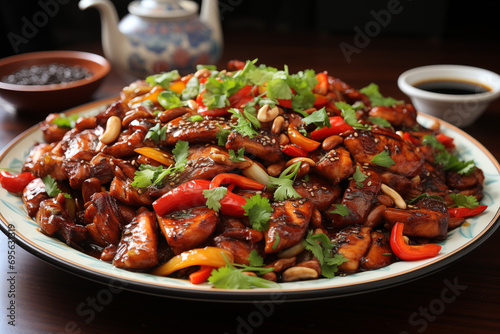 chinese cuisine. Stir-fried chicken with vegetables on a plate.