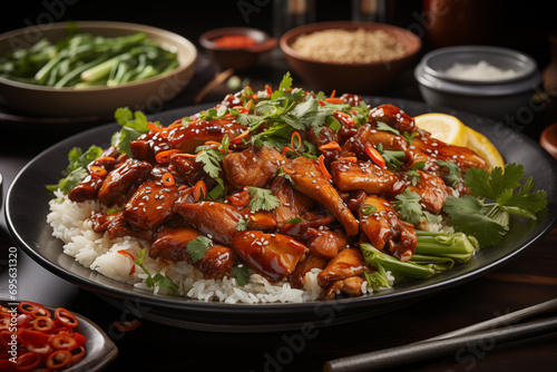 Honey glazed chicken in sweet and sour sauce served with rice