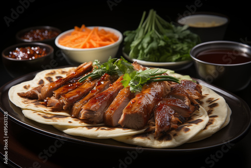 Grilled duck with sweet and sour sauce with flatbreads on a black plate