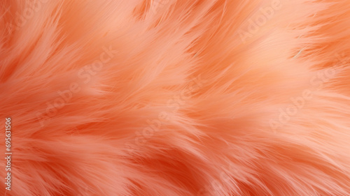 Orange fur texture top view. Coral fluffy fabric coat background. Winter fashion color trends. Girly abstract backdrop, textile surface.