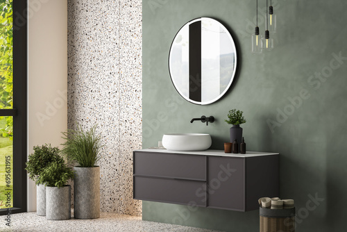 Modern minimalist bathroom interior,gray bathroom cabinet, white sink, wooden vanity, interior plants, bathroom accessories, white bathtub, green wall, terrazzo flooring photo