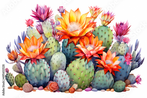 Arrangement of a watercolor green cactus adorned with pink and orange flowers against a white background. This illustration showcases a tropical floral theme.