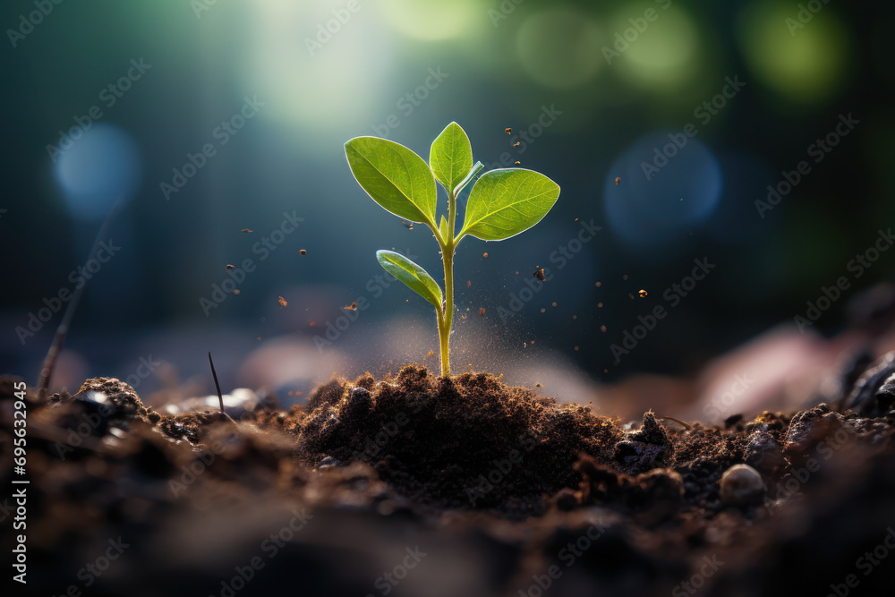 A seedling breaking through the soil, symbolizing the germination process and the catalyst for the growth of a new plant. Generative Ai. - obrazy, fototapety, plakaty 