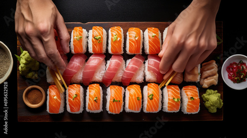 hands of a person expertly assembling sushi generative ai