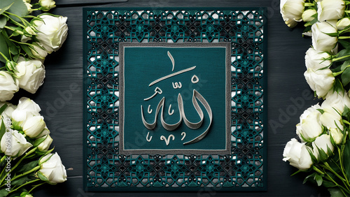 The Almighty Allah: Modern Embroidered Calligraphy in an Ornate Islamic Frame, amazing white flowers, AI GENERATED photo