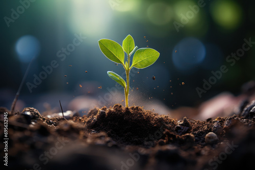 A seedling breaking through the soil, symbolizing the germination process and the catalyst for the growth of a new plant. Generative Ai. photo