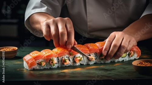 hands of a sushi chef forming sushi rolls generative ai