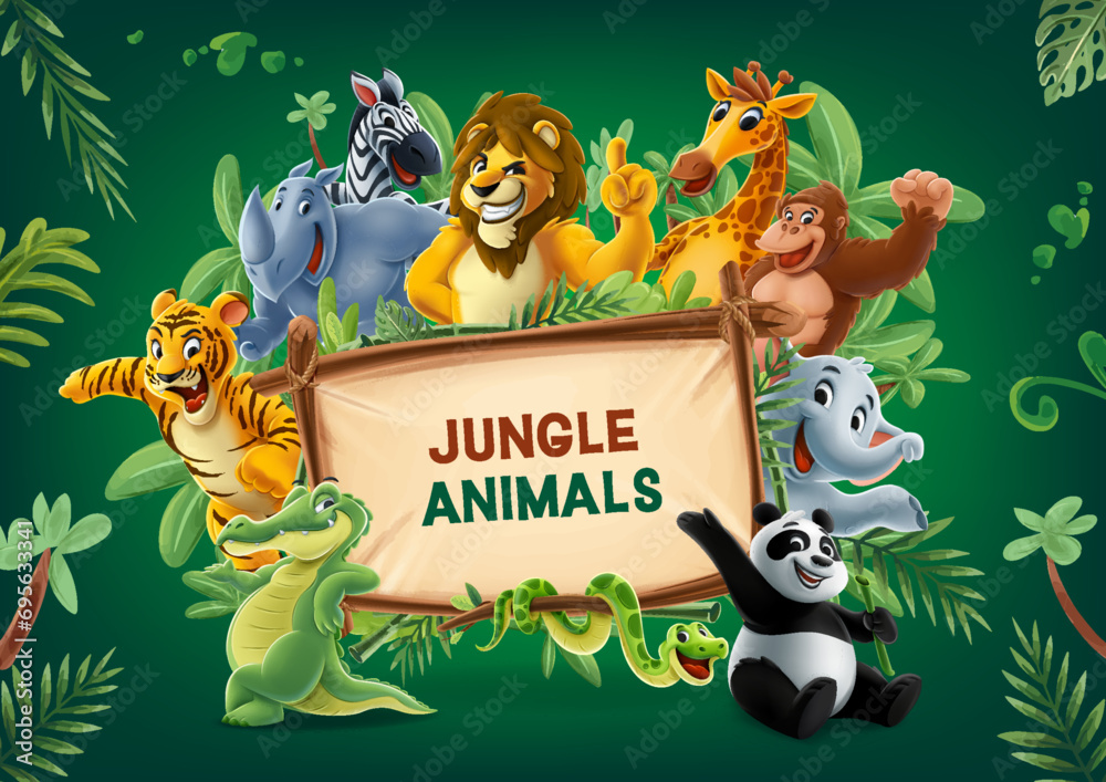 Naklejka premium jungle animals with wooden board tiger lion elephant gorilla rhinoceros snake giraffe panda zebra