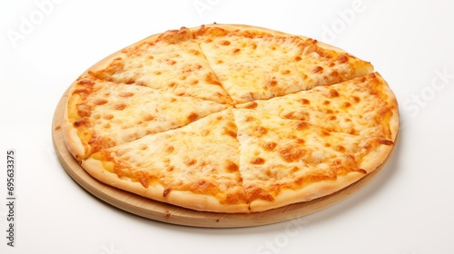 A delicious cheese pizza on a rustic wooden plate.