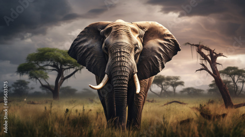 an elephant with tusks standing in a field
