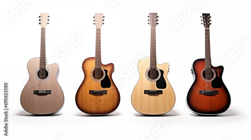 Four acoustic guitars in different colors.