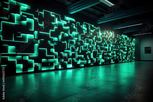 Glow-in-the-dark paint revealing hidden patterns on a wall, demonstrating the playful and artistic application of luminescent materials. Generative Ai.