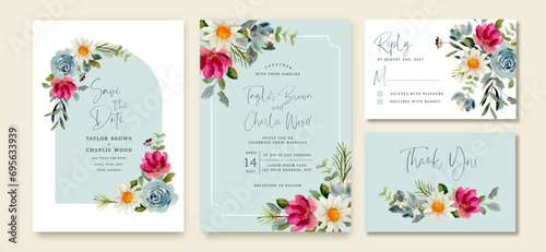 wedding invitation set with blue pink floral watercolor