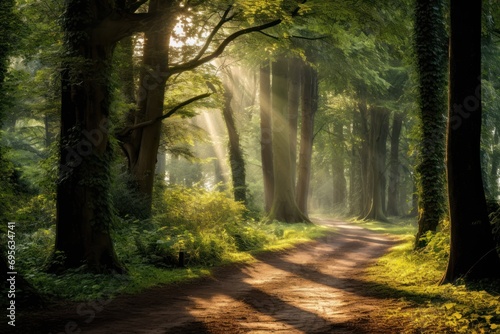 An enchanting forest path with sunlight filtering through the trees, creating a magical and peaceful atmosphere for nature walks.