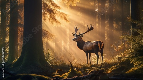 In the crisp dawn light, an elk stands majestically, its breath visible in the cold air, creating a mystical aura in the tranquil forest. Sunlight filtering through the trees © Fahad