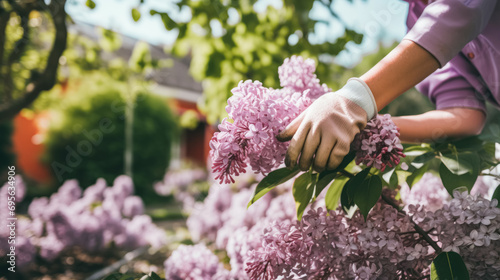 Hands with gloves pruning or handling clusters of blooming lilac flowers in a garden. photo