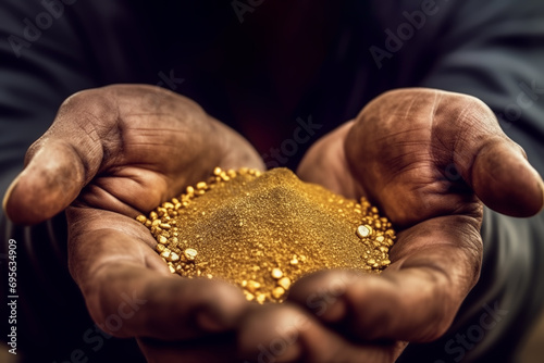 Gold rush. Gold in hands of the Gold Miner after gold mining. Miner is Digging up for Treasure worth millions dollar from Huge Nugget.