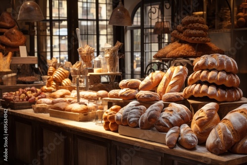 Artisanal bakery with freshly baked bread and pastries on display.