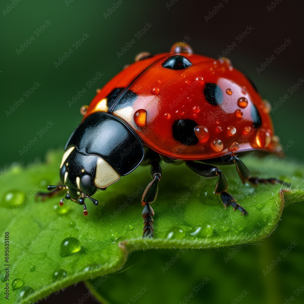 Obraz premium intricate details of ladybug on vibrant green leaf, Generative AI
