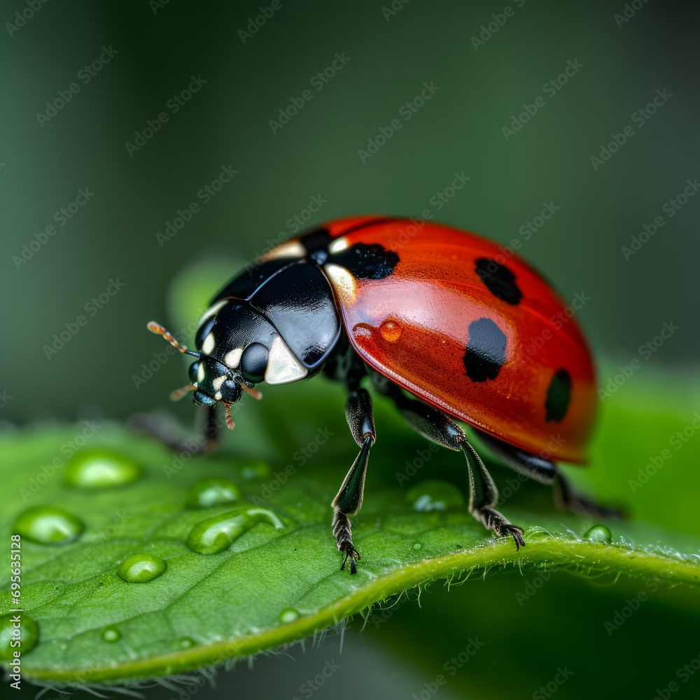 intricate details of ladybug on vibrant green leaf, Generative AI