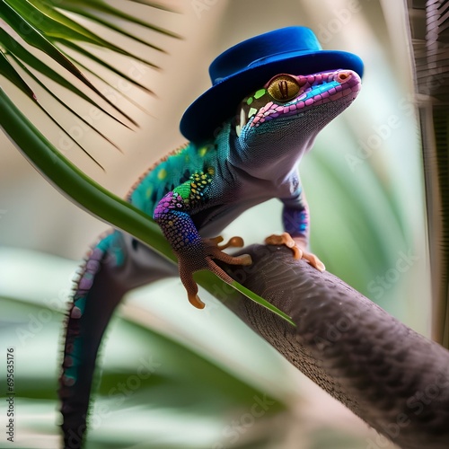 A debonair gecko in a tailored coat, posing for a portrait on a tropical island3 photo