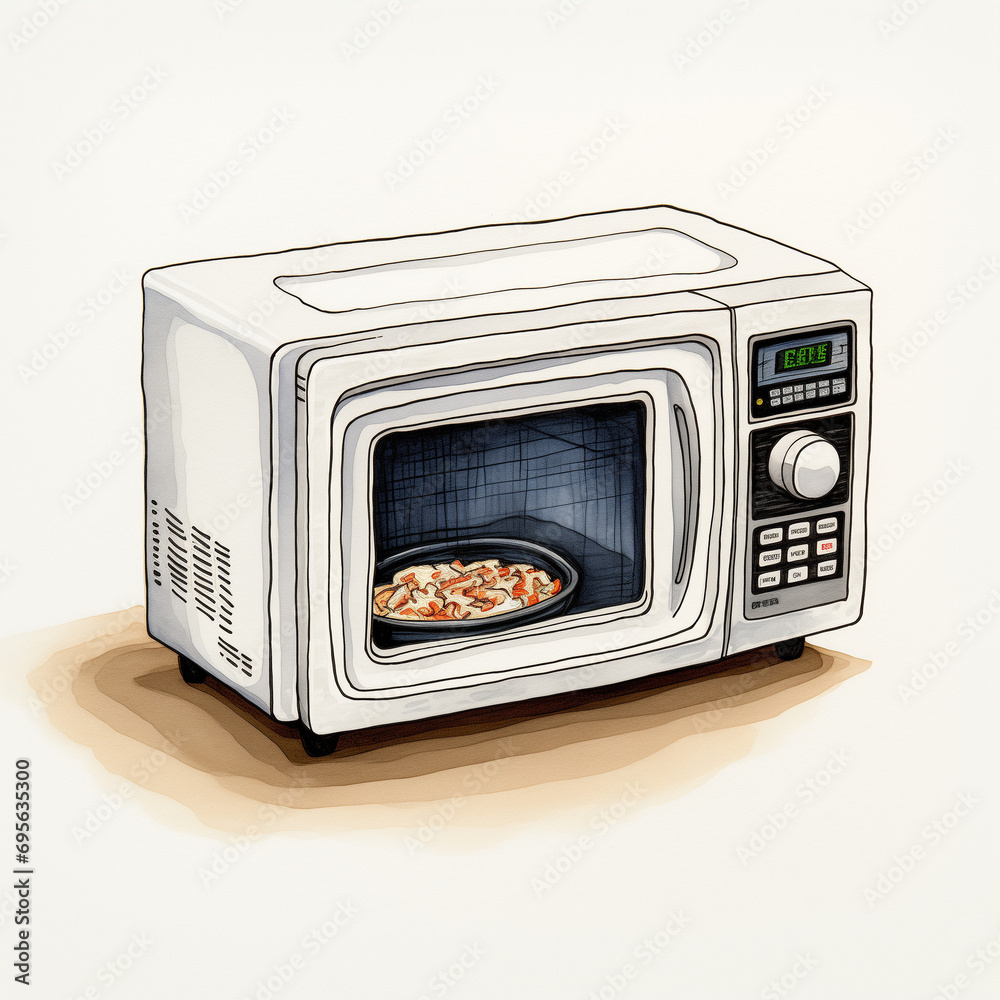 Fototapeta premium Cartoon Ink Illustration of Microwave Inspired by Traditional Chinese Brush Painting