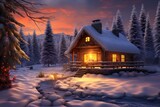 Cozy winter cabin in a snowy landscape with a warm glowing fire inside.