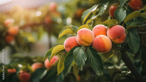 Ripe peaches hanging on a branch in an orchard, with water droplets on the fruit and leaves in sunlight. photo