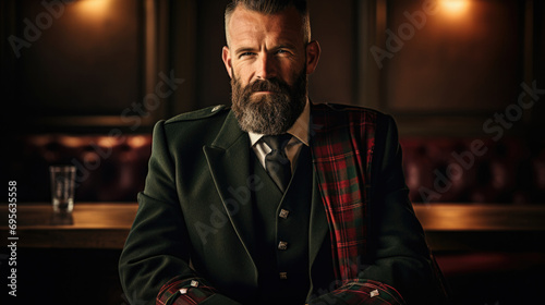 man proudly wearing a Scottish kilt, showcasing the details of the tartan pattern generative ai photo