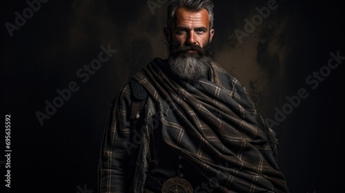 man proudly wearing a traditional Scottish Ghillie shirt and kilt generative ai photo