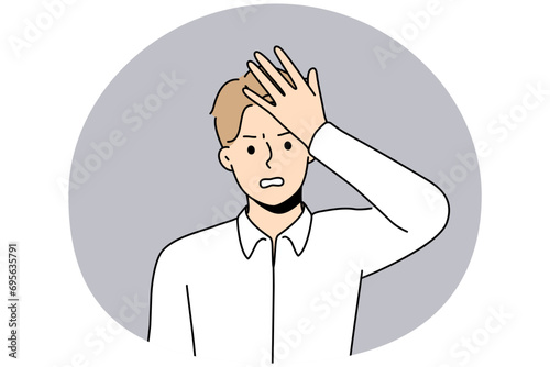 Unhappy young man make hand gesture remembering or forgetting something. Distressed male frustrated with idea or thought. Vector illustration.