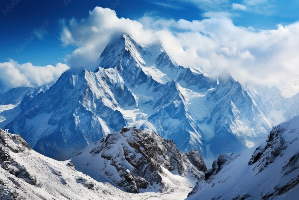 Majestic mountain landscape with snow-capped peaks and clear blue sky.
