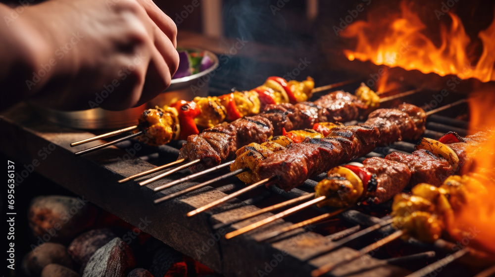 Naklejka premium Person skillfully grilling kebabs for a Middle Eastern feast generative ai
