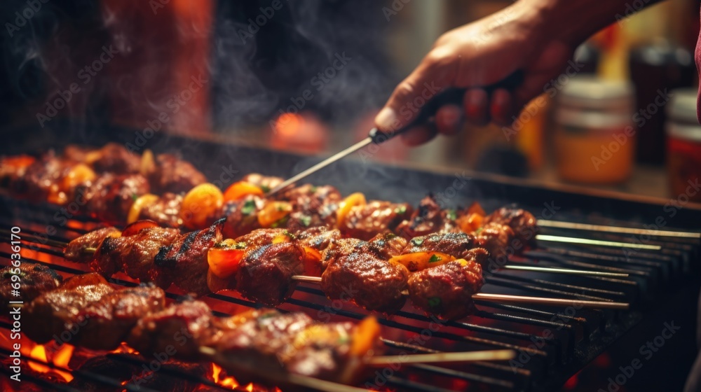 Person skillfully grilling kebabs for a Middle Eastern feast generative ai Person skillfully grilling kebabs for a Middle Eastern feast generative ai
