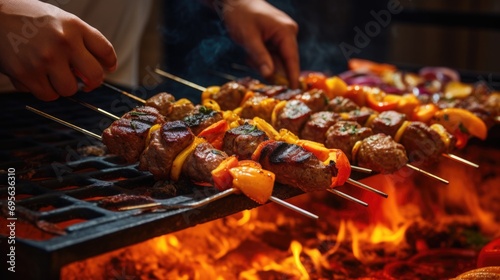 Person skillfully grilling kebabs for a Middle Eastern feast generative ai