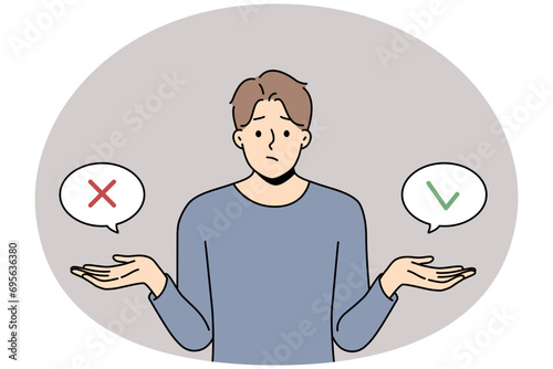 Frustrated young man feel unsure or doubtful about making decision. Confused guy think doubt about problem solution. Dilemma concept. Vector illustration.