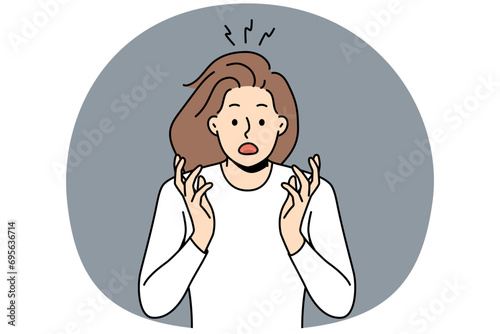 Stunned young woman feeling shocked and scared with unexpected news or message. Shocked girl terrified or astonished show emotions. Vector illustration.