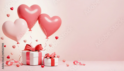 Happy valentines day with creative love composition of the hearts. Gift box with red ribbon bow and heart like balloons floating on pink background,copy space for your text