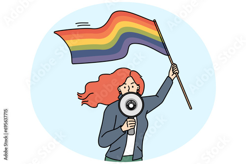 Decisive young woman with LGBTQ flag scream in megaphone on protest or demonstration. Female activist or protester with LGBT symbol make announcement in loudspeaker. Vector illustration.