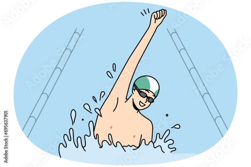 Smiling young man in cap and glasses celebrate win finish first swimming in pool. Excited guy triumph with victory in competition. Sport and hobby. Vector illustration.