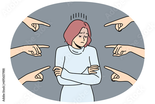 Distressed young woman stand surrounded by numerous fingers pointing. Unhappy female feel bullying and harassment in society. Vector illustration.