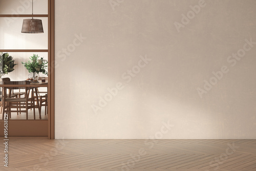 Modern interior design of apartment  dining room with table and chairs  empty living room with beige wall  panorama.